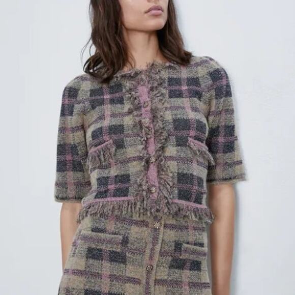 Zara Checked Knit Cardigan Jacket Plaid Tweed Fringe Jeweled Button Fringe Top - Picture 1 of 13